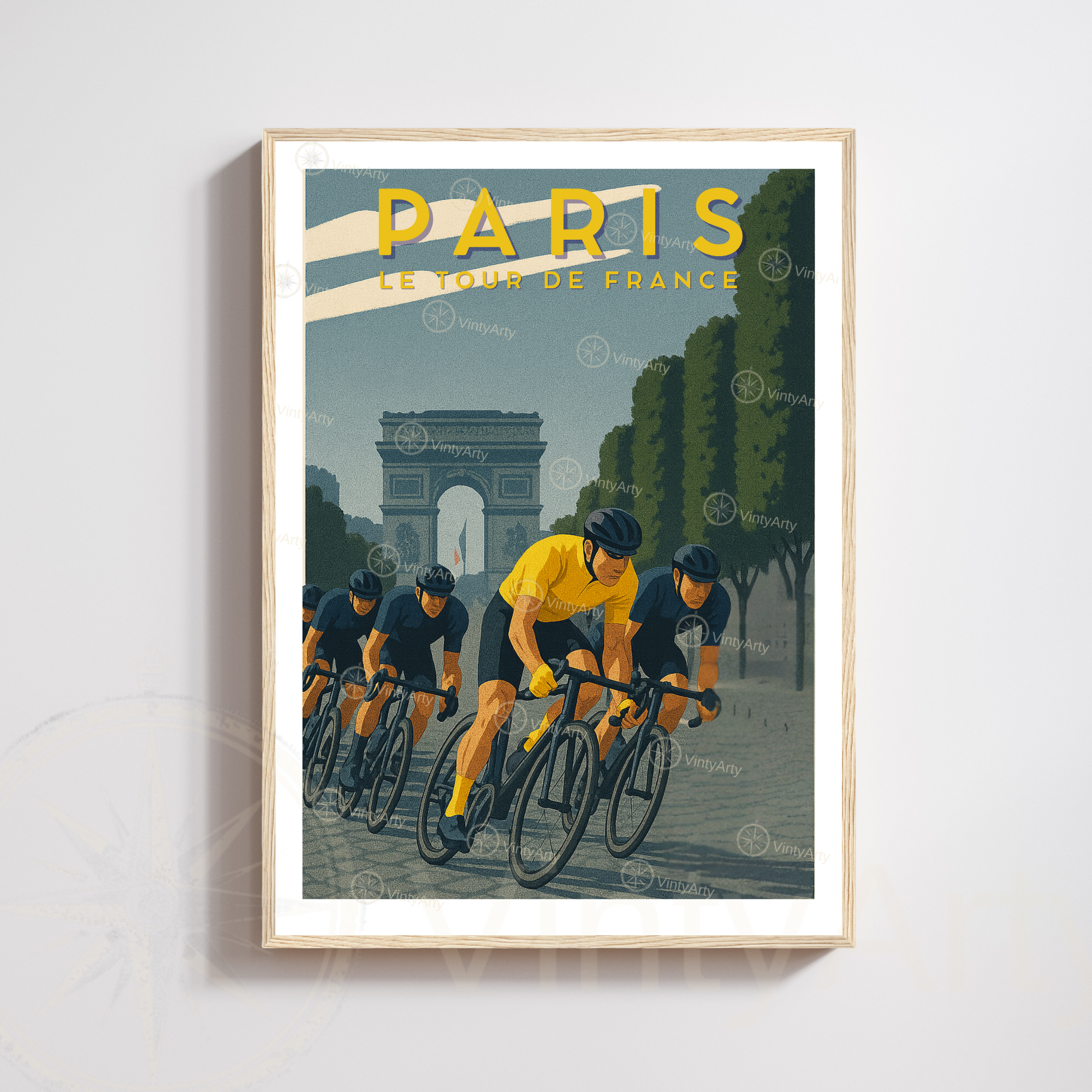 Affiche Tour de France Paris – Poster cyclisme Arc de Triomphe – Illustration rétro maillot jaune vélo