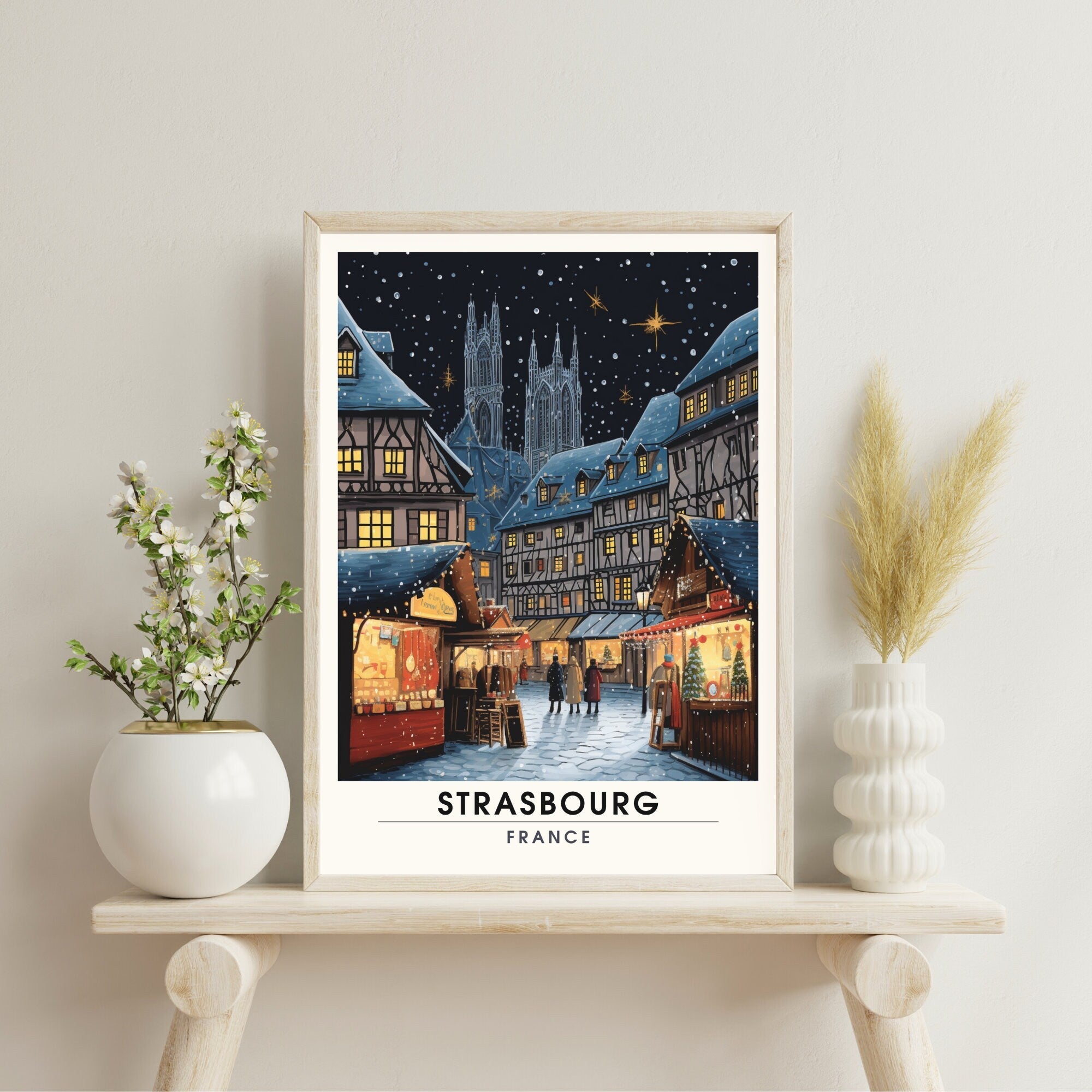 Affiche Strasbourg | Impression de voyage Strasbourg Noël | Affiche Marché de Noël de Strasbourg | Décoration de Noël