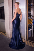 Crystal Embellished Long Special Occasion Dress w/ Gathered Waistline & Leg Slit CDJ899